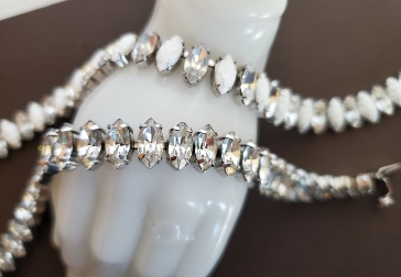 Weiss rhinestone bracelet and unmarked milk glass and rhinestone necklace detail