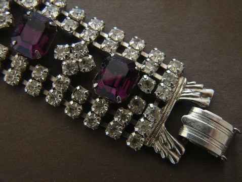Coro screw back earrings, possibly Juliana bracelet with rhinestones and purple stones, clasp