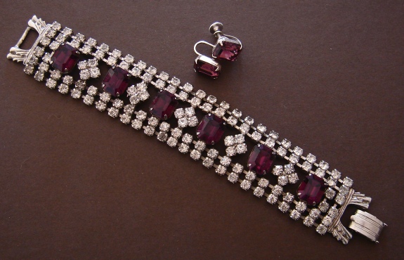 Coro screw back earrings, possibly Juliana bracelet with rhinestones and purple stones