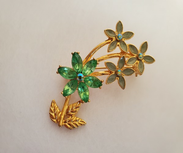 flowers with green enamel, green stones and aurora borealis rhinestones pin brooch