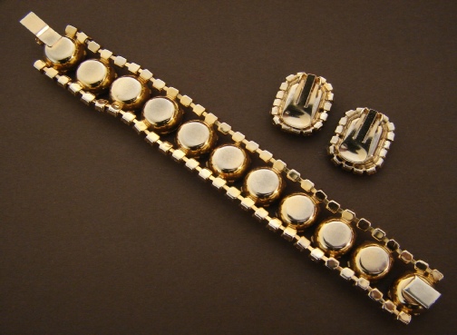 chunky deep amber large rhinestones gold tone bracelet and clip earrings, possibly Juliana, back