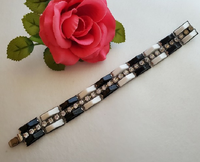 Kramer of NY black and white thermoset with clear rhinestones bracelet