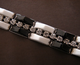 Kramer silver tone bracelet with rhinestones and black and white thermoset, detail