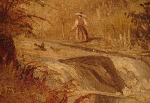landscape oil painting with waterfall, detail