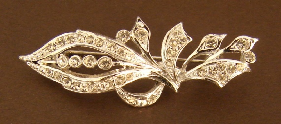 rhinestone leaf silver tone brooch