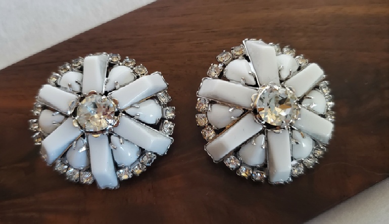 rhinestone and milk glass clip earrings