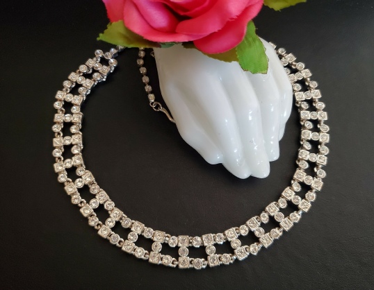 silver-tone chocker necklace with two rows of clear rhinestones