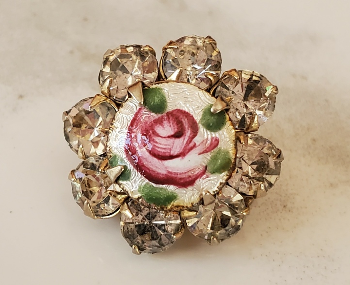 tiny enamel rose with clear rhinestones vintage mini pin