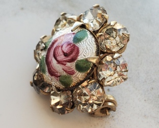 tiny enamel rose with clear rhinestones vintage mini pin, detail
