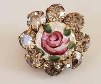tiny enamel rose with clear rhinestones vintage mini brooch