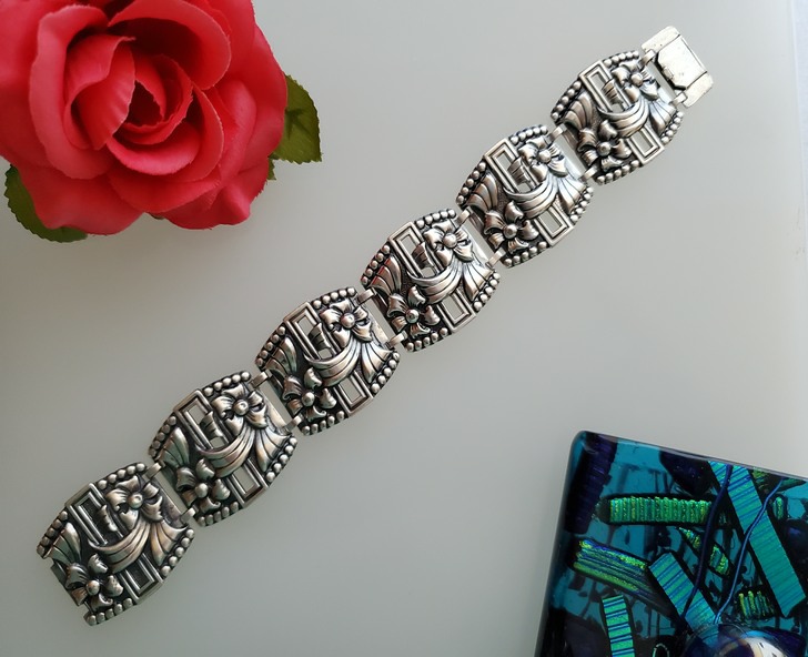 vintage sterling silver open link bracelet with floral motif