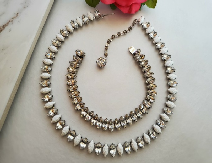 Weiss rhinestone bracelet and unmarked milk glass and rhinestone necklace