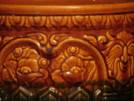 Brush McCoy jardiniere, roses detail, majolica planter